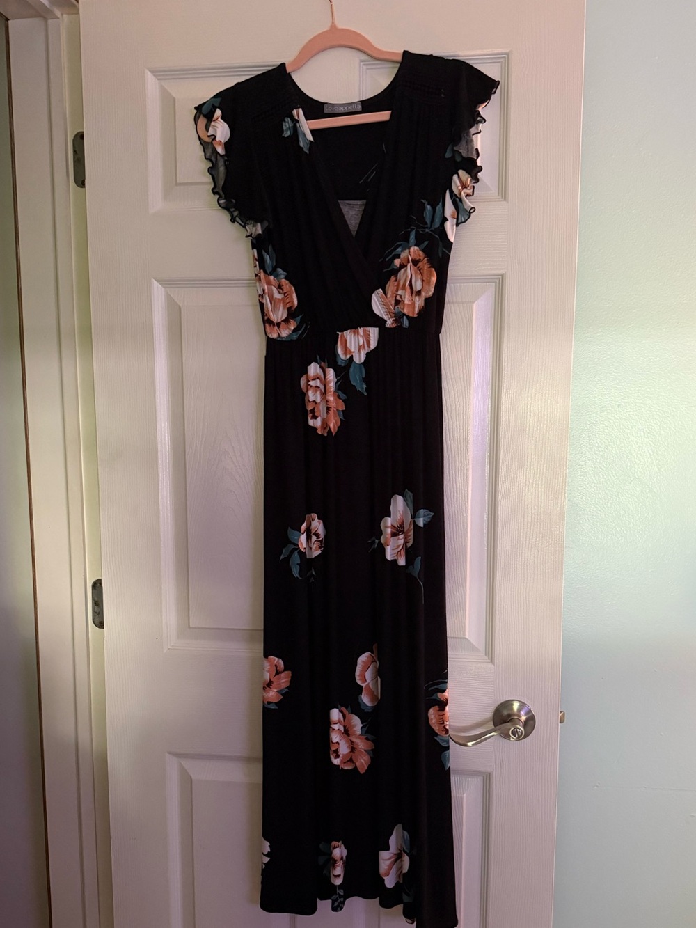 Loveappella Black Maxi Dress with Peach Floral Print